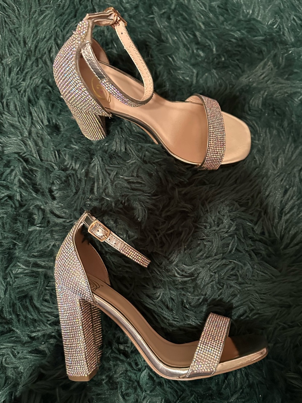 Rhinestone Block Heel Ankle Strap Sandals Size 7